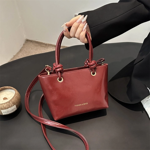 Eimer Tasche PU Leder Große Kapazität Damen Pendeln Retro Knoten Griff Schulter Handtasche Glänzend Einfaches Design