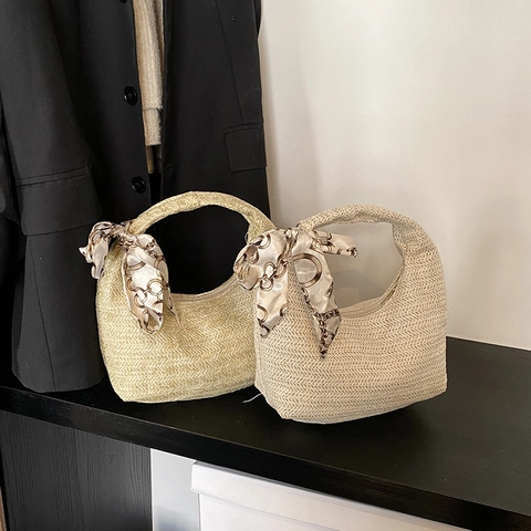 Borsa a Mano in Paglia Intrecciata alla Moda da Donna Con Foulard in Seta Avvolto Casual Grande Capacità Estate Spiaggia Vacanza Borsa a Spalla