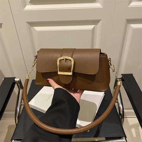 Women Retro PU Leather Baguette Bag Large Gold Metal Buckle Underarm Shoulder Bag Minimalist Solid Color Commuter Handbag
