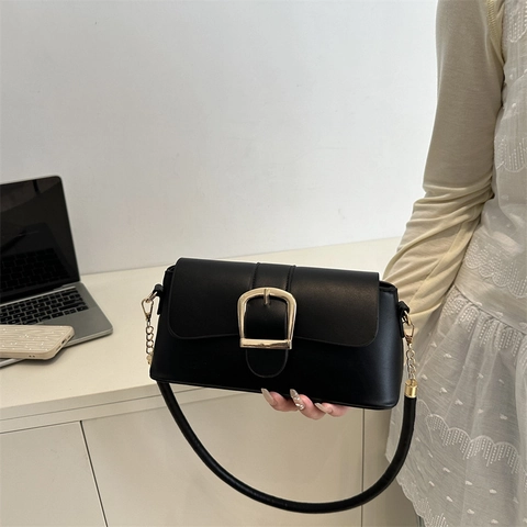 Women Retro PU Leather Baguette Bag Large Gold Metal Buckle Underarm Shoulder Bag Minimalist Solid Color Commuter Handbag