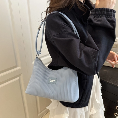 Bolso de Hombro de Rayas Plisadas para Mujer Gran Capacidad Cuero de PU Bolso de Axila Minimalista Color Sólido Bolso Tote Casual para Diario