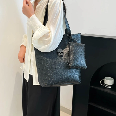 Set di Borse Tote da Donna con Teschio in Rilievo in Pelle PU Grande Capacità Borsa a Spalla Stile Gothic Punk
