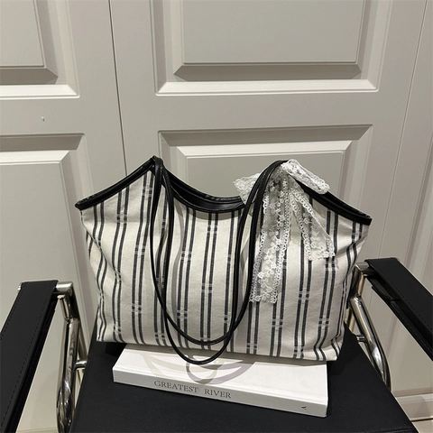 Gestreifte Canvas Tote Bag Mit Spitze Schleife Große Kapazität Vintage Koreanischen Stil Schultertasche Für Damen