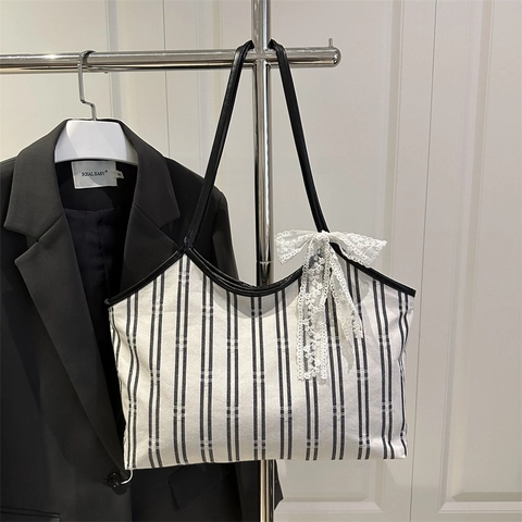 Gestreifte Canvas Tote Bag Mit Spitze Schleife Große Kapazität Vintage Koreanischen Stil Schultertasche Für Damen