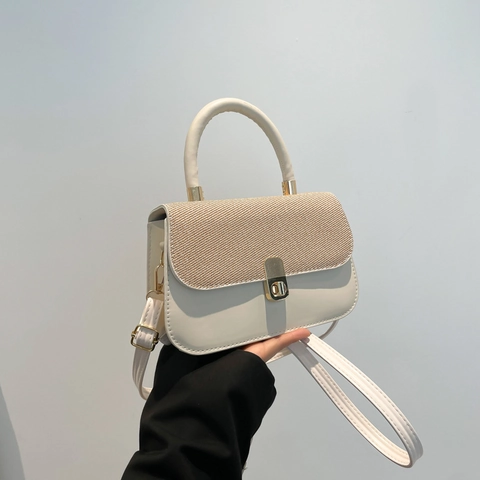Women PU Leather Handbag Small Square Crossbody Bag Woven Texture Flap Top Handle Gold Twist Lock Versatile Trendy Bag