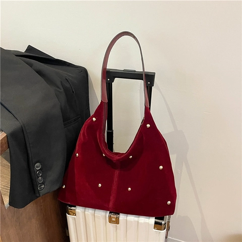 Borsa Hobo in Velluto alla Moda da Donna Grande Capacità Borsa a Tracolla Scamosciata Con Rivetti Vintage Borsa da Pendolare