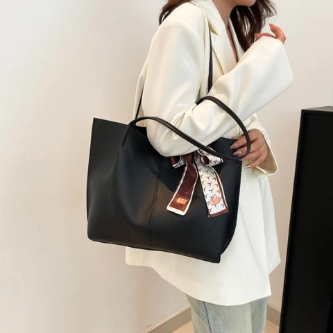 Women Large Capacity PU Leather Tote Bag And Pouch With Decorative Satin Scarf Simple Solid Color Shoulder Underarm Bag