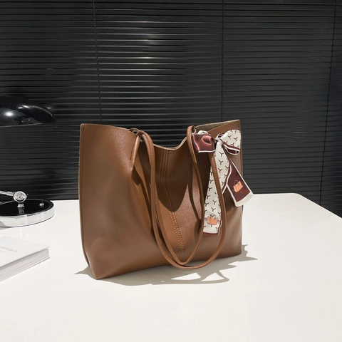 Women Large Capacity PU Leather Tote Bag And Pouch With Decorative Satin Scarf Simple Solid Color Shoulder Underarm Bag
