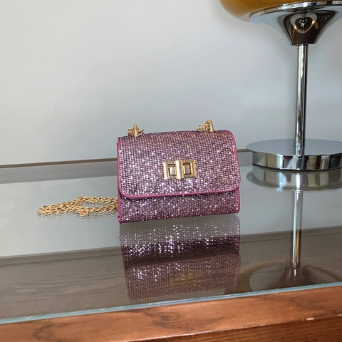 Women Fashion Sequins Rhinestone Mini Shoulder Bag Metal Chain Crossbody Evening Party Small Square Purse Handbag