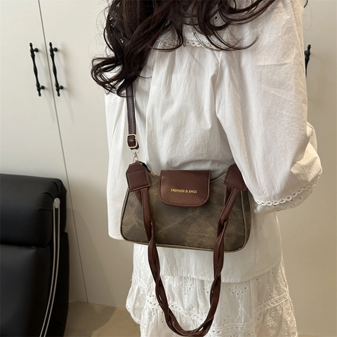 Borsa a Spalla Retrò da Donna in Tela e Pelle Sintetica con Tracolla Intrecciata e Stampa alla Moda Borsa a Tracolla