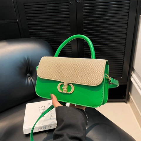 Borsa Quadrata Moda Donna Pelle PU E Patchwork Paglia Borsa A Mano Borsa Spalla Ascella Con Chiusura Metallo Dorato
