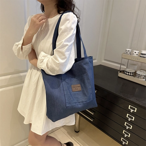 Damen Tote Bag Denim Große Kapazität Segeltuch Schultertasche Mit Fronttasche Für Alltag Lässig