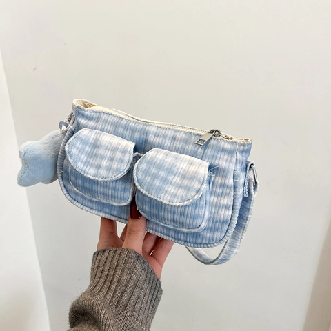 Bolso de Axila de Pana a Cuadros para Mujer Gran Capacidad Con Colgante de Estrella de Peluche Doble Bolsillo Delantero Moda