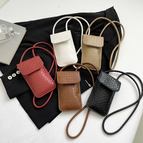 Minimalistische Geflochtene PU Leder Handytasche Für Damen Einfarbig Umhängetasche Mini Flap Handy Geldbörse Täglich Tasche