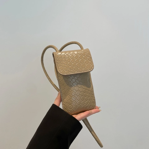 Minimalistische Geflochtene PU Leder Handytasche Für Damen Einfarbig Umhängetasche Mini Flap Handy Geldbörse Täglich Tasche
