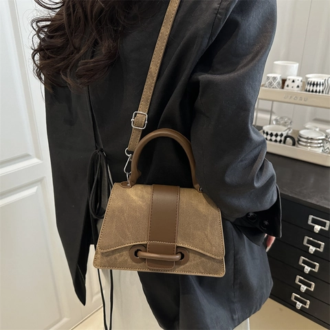 Bolso de Hombro de Cuero de PU Retro para Mujer Bolso de Mano Trapezoidal en Color de Contraste con Asa Bolso de Mensajero Diario Informal