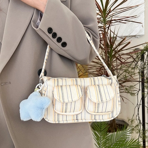 Sac Sous le Bras en Velours Côtelé Vintage Plaid Rayures Style Japonais Coréen Décontracté Petit Sac Carré Avec Pendentif Étoile Femme