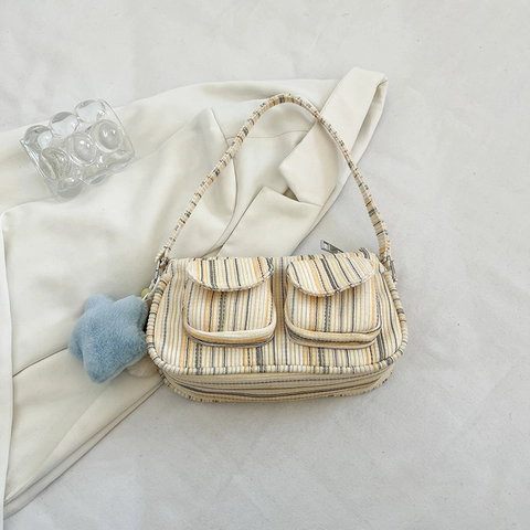 Sac Sous le Bras en Velours Côtelé Vintage Plaid Rayures Style Japonais Coréen Décontracté Petit Sac Carré Avec Pendentif Étoile Femme