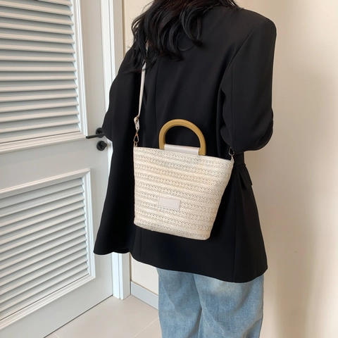 Woven Straw Bucket Bag With Wooden Handle PU Leather Strap Summer Beach Vacation Handheld Crossbody Purse For Women