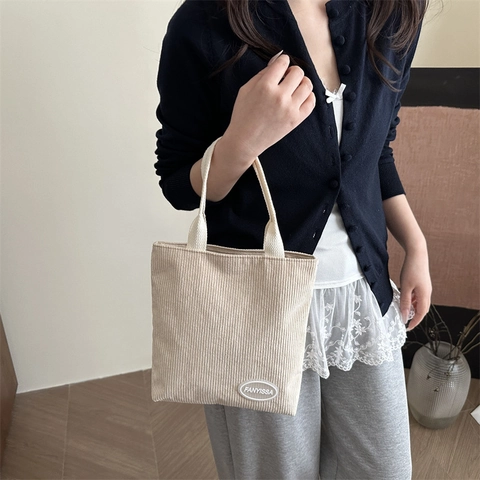 Women Casual Corduroy Tote Bag Vintage Korean Style Solid Color Vertical Square Handbag With FANYISSA Logo Patch For Daily Shopping