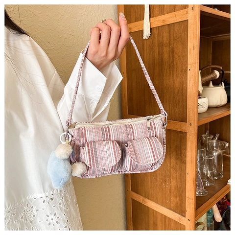 Borsa a Spalla Sottobraccio Vintage a Quadri e Righe per Donna in Tessuto di Velluto a Coste con Doppie Tasche Anteriori Borsa Chic