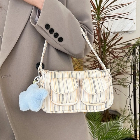 Borsa a Spalla Sottobraccio Vintage a Quadri e Righe per Donna in Tessuto di Velluto a Coste con Doppie Tasche Anteriori Borsa Chic