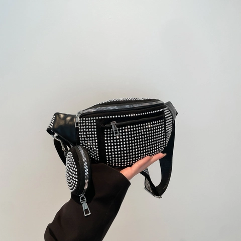 Borsa da Petto con Strass Donna Moda Set 2-in-1 Marsupio Con Tracolla Larga a Righe e Portamonete Rotondo Borsa a Tracolla