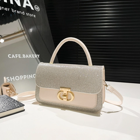 Women Vintage Sequin Shoulder Bag PU Leather Glitter Handbag With Gold Metal Lock Adjustable Strap Small Square Bag