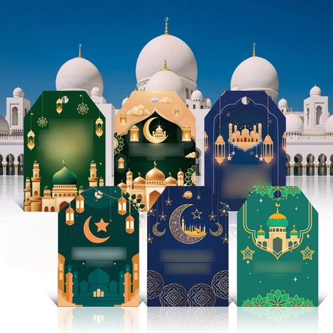 Etichette Regalo Eid Ramadan Mubarak in Cartoncino Moschea Luna Stella Decorazioni Sospese Con Corde di Canapa Per Festa Islamica
