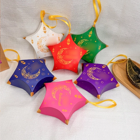 Eid Mubarak Ramadan Star Shaped Paper Gift Box Gold Moon Star Lantern Pattern Candy Box With Ribbon Handle Party Favors