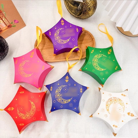 Eid Mubarak Ramadan Star Shaped Paper Gift Box Gold Moon Star Lantern Pattern Candy Box With Ribbon Handle Party Favors