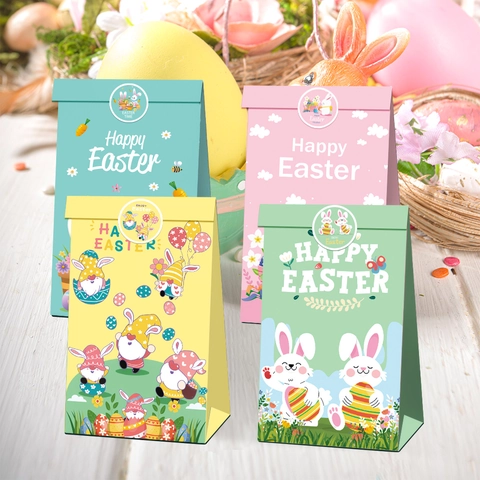 Bolsas de Regalo de Papel Kraft de Pascua Con Pegatinas Patrón de Conejo Huevo Gnomo Bolsas de Fiesta para Dulces
