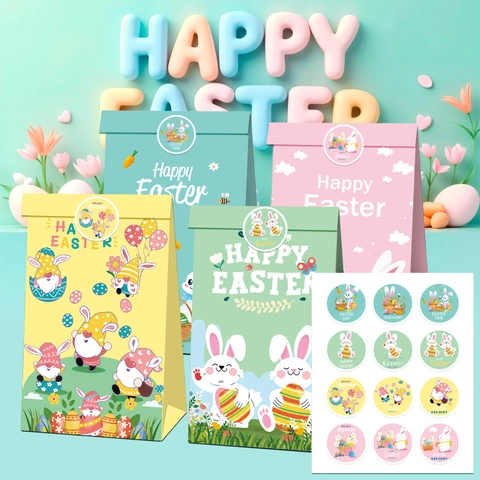Bolsas de Regalo de Papel Kraft de Pascua Con Pegatinas Patrón de Conejo Huevo Gnomo Bolsas de Fiesta para Dulces