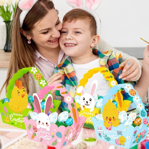 Ostern Papier Geschenk Körbe Hasen Küken Muster Handgehaltene Party Leckerli Taschen Süßigkeiten Boxen Für Kinder Deko