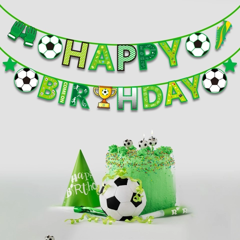 Football Theme Happy Birthday Banner White Cardboard Soccer Trophy Sport Elements Green Hanging Garland Party Decoration