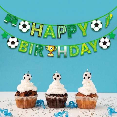 Football Theme Happy Birthday Banner White Cardboard Soccer Trophy Sport Elements Green Hanging Garland Party Decoration