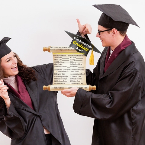 Graduation Party Game Card Scroll Design Who Knows The Graduate Best Question Card With Mini Doctorate Cap And Tassel Paper Invitation Card