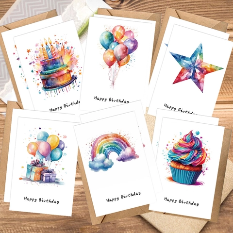 Watercolor Birthday Greeting Cards With Envelopes Colorful Cake Balloon Animal Pattern Invitations For Kids Party Birthday Bash
