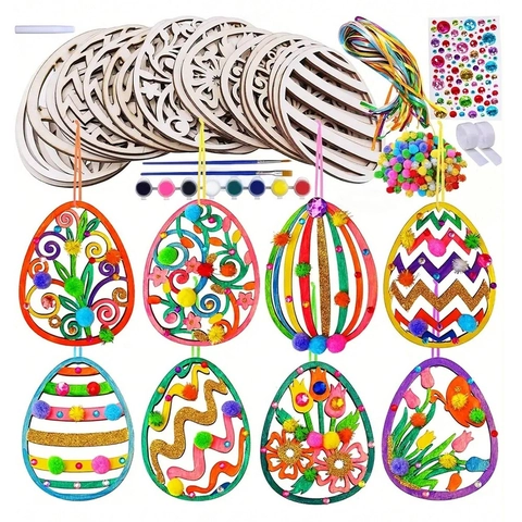 Kit De Manualidades De Pascua Adornos De Huevo De Madera Con Pinturas Pinceles Cintas Pompones Pedrería Actividad Creativa Niños