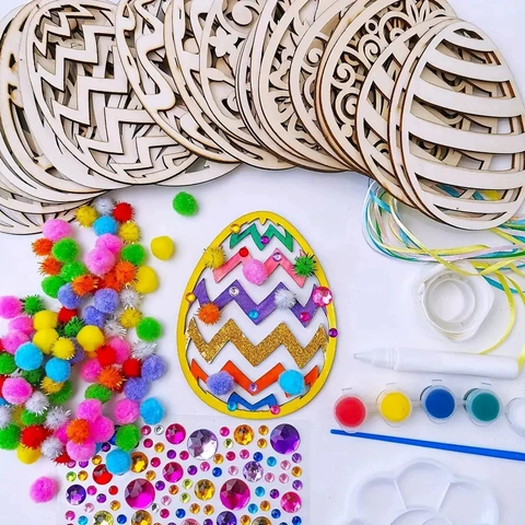 Easter DIY Craft Kit Wooden Egg Ornaments With Paints Brushes Ribbons Pom Poms Rhinestones Creative Holiday Activity Kids