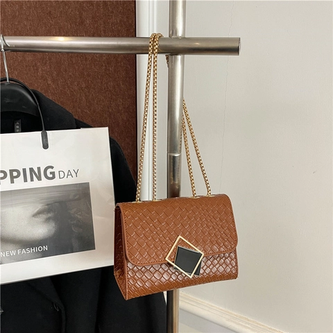 Bolso de Hombro para Mujer de Cuero PU con Textura Tejida Bolso de Bandolera con Cadena y Hebilla Geométrica Cuadrado Pequeño