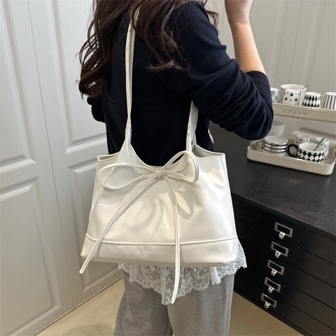 Bolso de Hombro Tote de Cuero PU Casual con Lazo para Mujer Moda Color Sólido Viaje Diario Minimalista Gran Capacidad