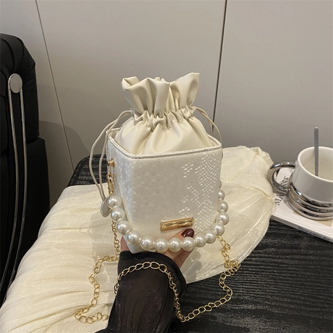 Borsa A Secchiello Donna Motivo Serpente Pelle PU Con Manico Di Künstliche Perle E Catena Dorata Mini Borsa A Tracolla Elegante Chic