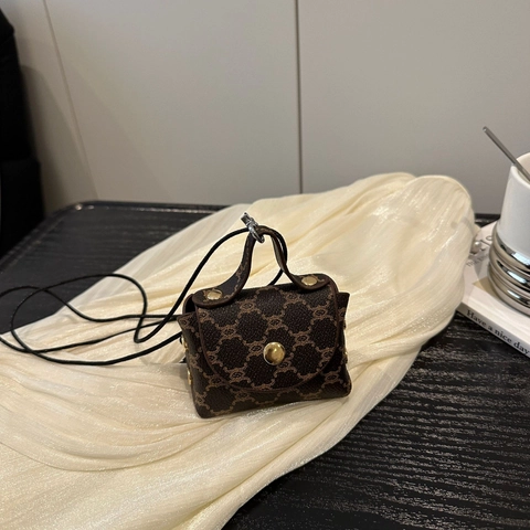 Mini Micro Crossbody Bag PU Leather Retro Monogram Print Headphone Case Neck Hanging Handbag For Women Fashion Accessory