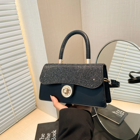Women Glitter PU Leather Shoulder Bag Retro Small Square Crossbody Handbag With Top Handle Metal Twist Lock Adjustable Strap