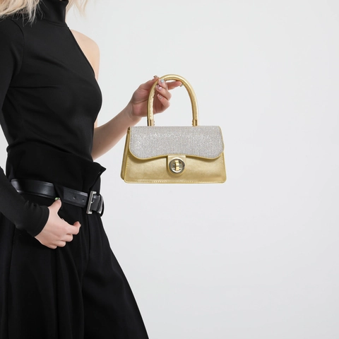 Women Glitter PU Leather Shoulder Bag Retro Small Square Crossbody Handbag With Top Handle Metal Twist Lock Adjustable Strap
