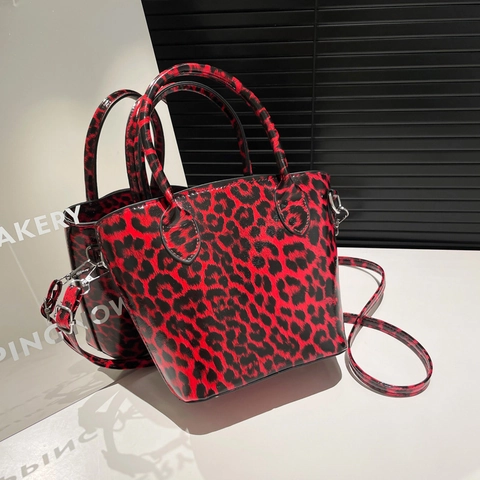 Borsa a Secchiello da Donna alla Moda con Stampa Leopardata in Pelle PU Piccola Borsa a Mano a Tracolla con Cinturino Regolabile