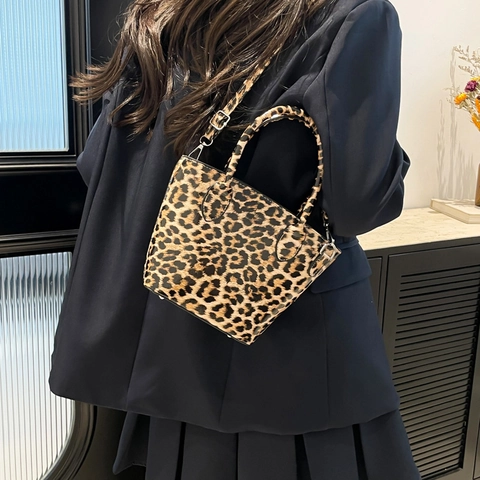 Borsa a Secchiello da Donna alla Moda con Stampa Leopardata in Pelle PU Piccola Borsa a Mano a Tracolla con Cinturino Regolabile