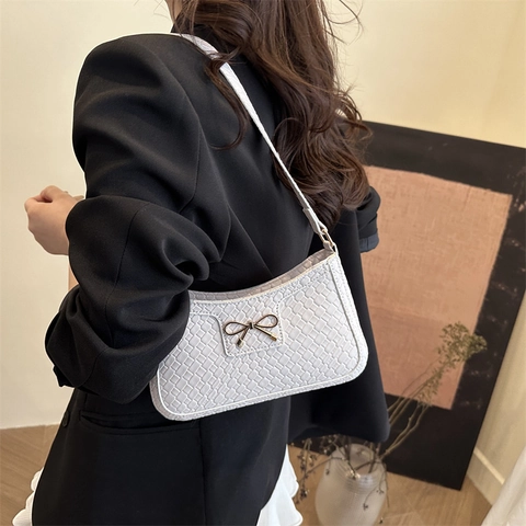Borsa Sottobraccio Baguette Da Donna Pelle PU Motivo Intrecciato Fiocco Dorato Decorazione Retro Moda Borsa A Spalla