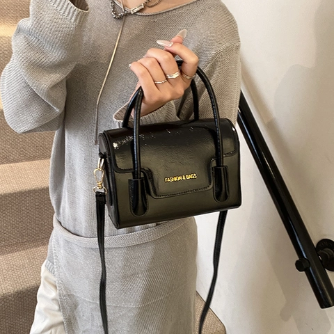 Mini Borsa a Spalla da Donna Moda in Pelle PU Borsetta a Tracolla Tinta Unita Stampa di Lettere Manico Superiore Street Style Piccola Borsa Quadrata Elegante Accessorio